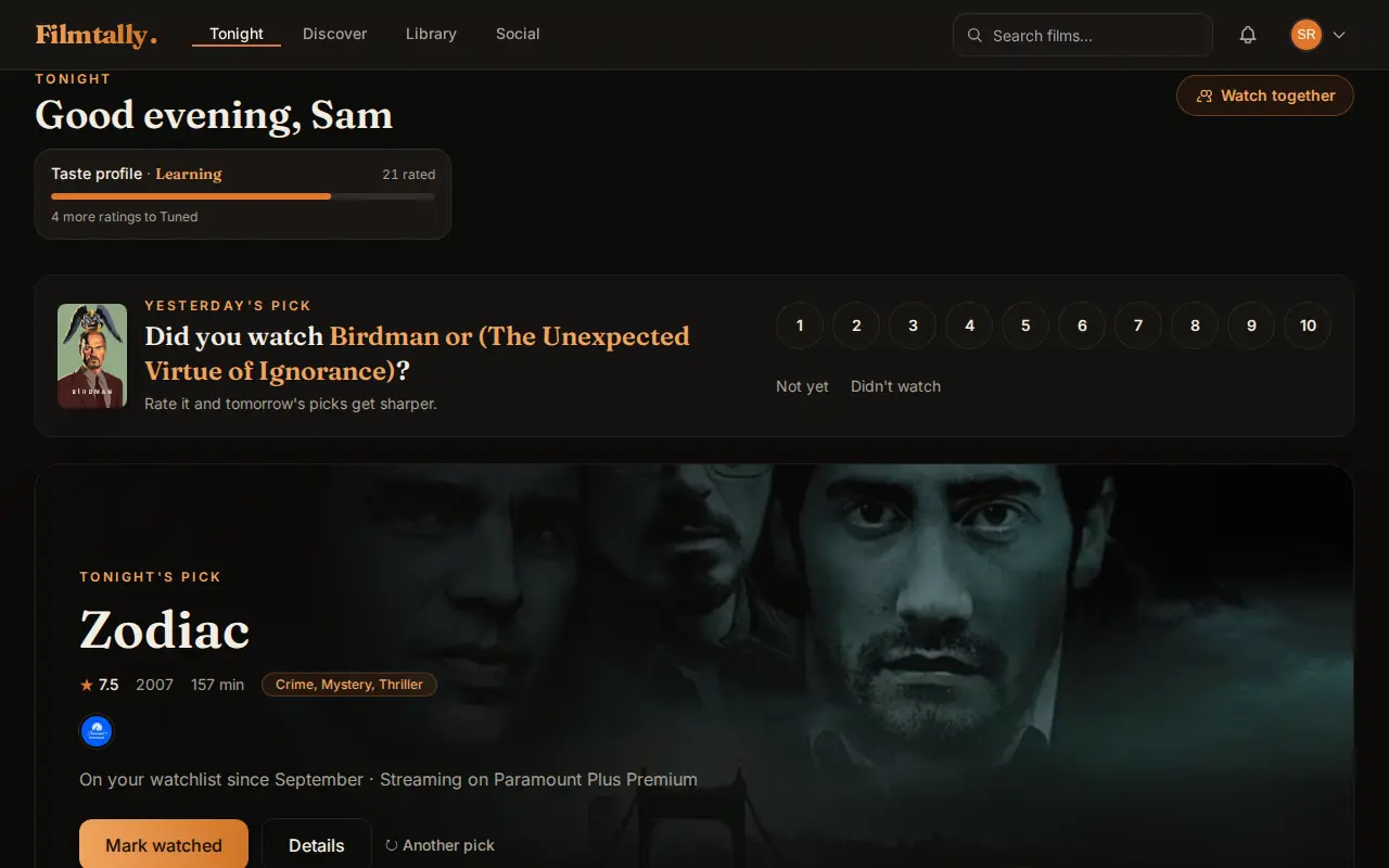 Next-day check-in on a laptop: Yesterday's pick, Did you watch Birdman?, with 1 to 10 buttons, Not yet and Didn't watch
