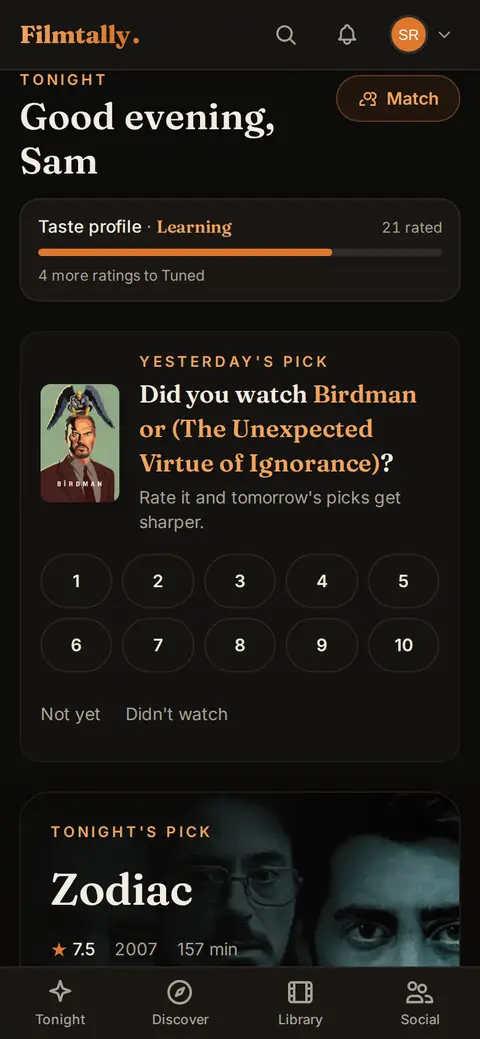 Next-day check-in on a phone: Yesterday's pick, Did you watch Birdman?, with 1 to 10 buttons, Not yet and Didn't watch