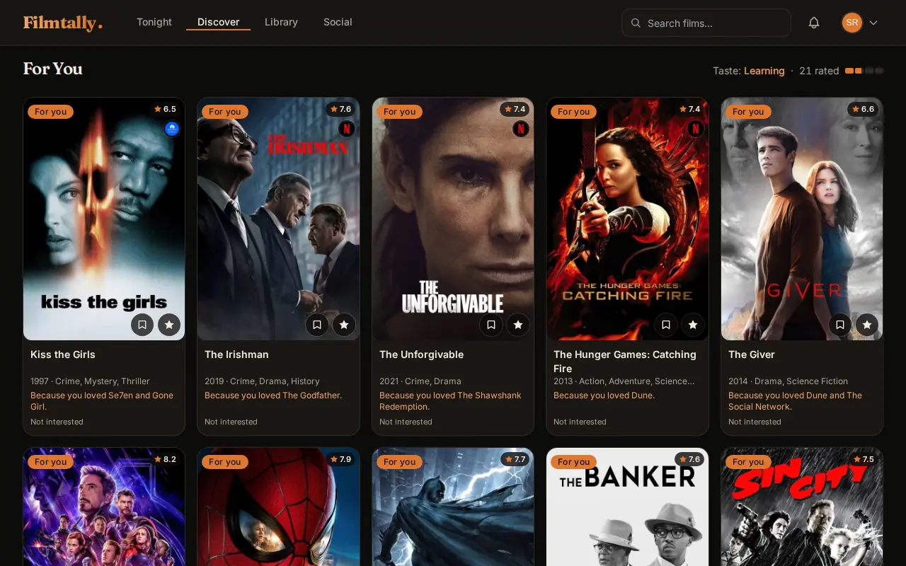 Discover on a laptop: For You recommendations, each with a reason and a save button