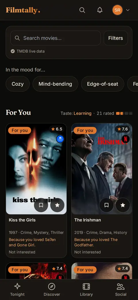 For You on a phone: search and mood chips above the taste meter and recommended films, each with a one-line reason
