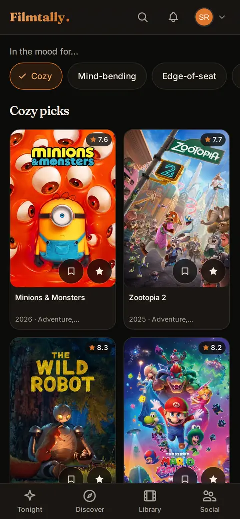 Moods on a phone: mood chips with Cozy selected and a row of Cozy picks