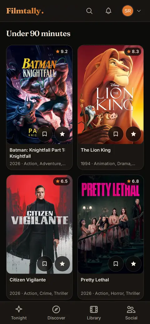 Discover rows on a phone: films under 90 minutes