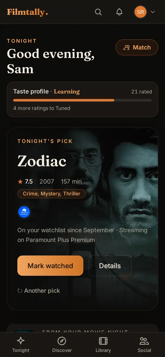 Filmtally on a phone: tonight's pick, chosen from the watchlist, with where to stream it