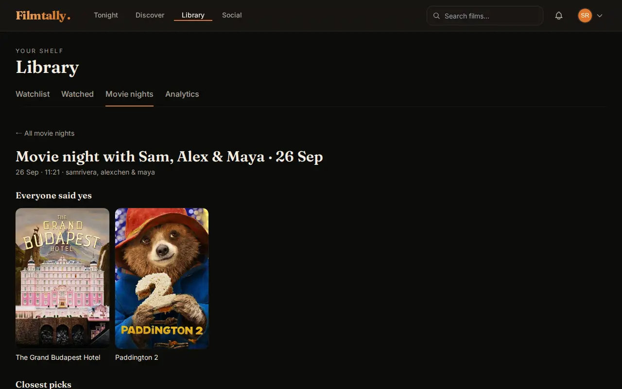 Movie night on a laptop: a saved Watch together session in your library, with its top picks