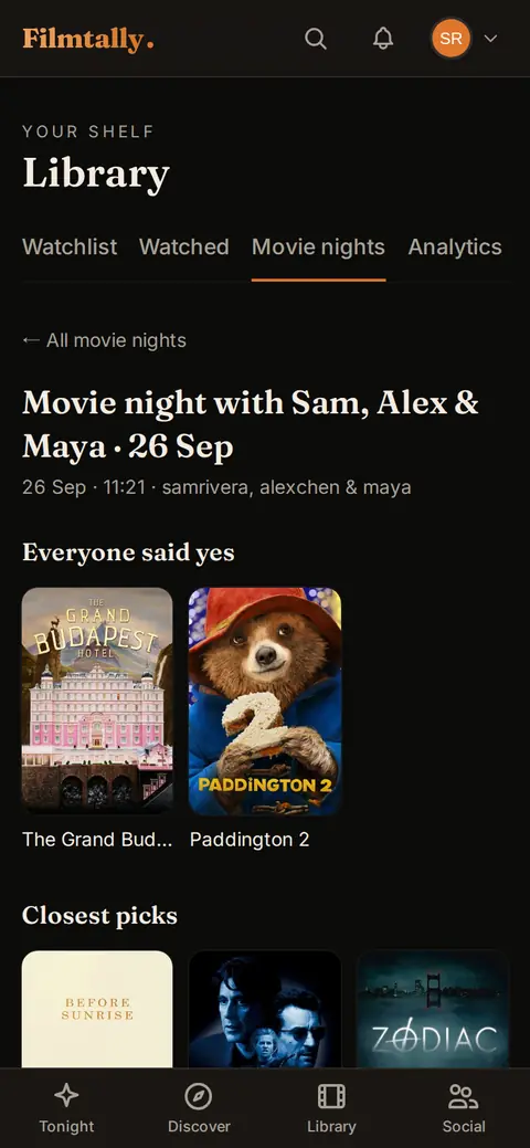 Movie night on a phone: a saved session with the films everyone said yes to