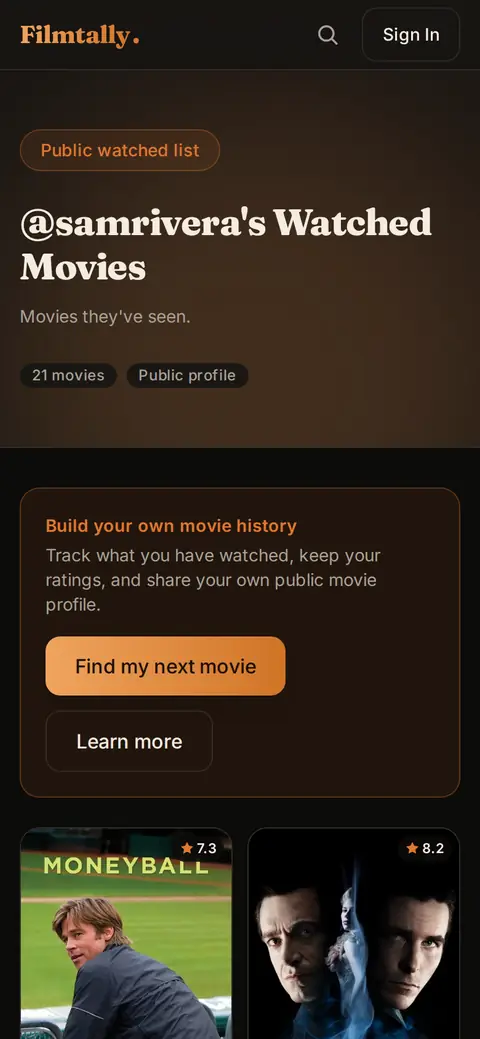 Public watched list on a phone: posters with TMDB scores, seen without signing in