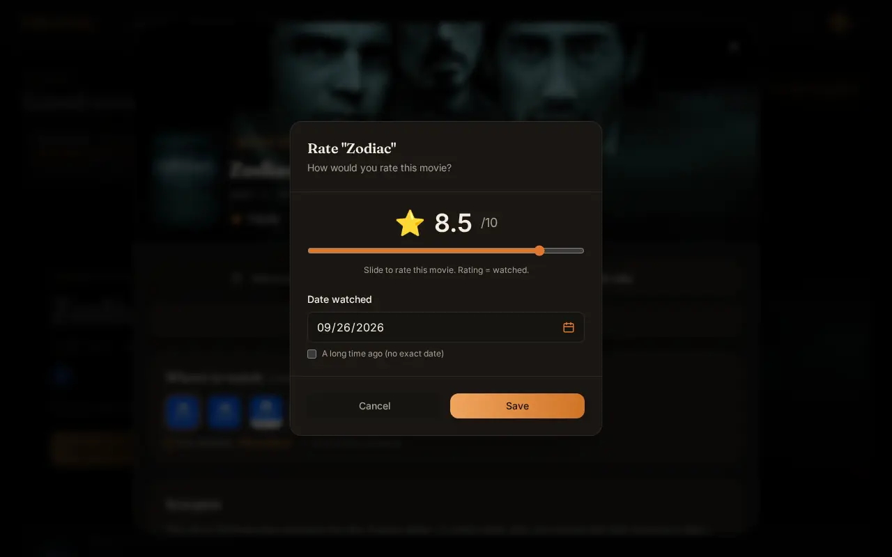 Rating a film on a laptop: a score out of 10 on a slider and the date watched
