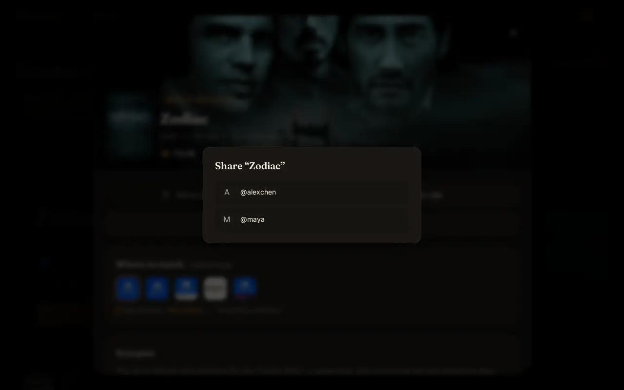 Sharing a film on a laptop: film details with the Share to friend picker open