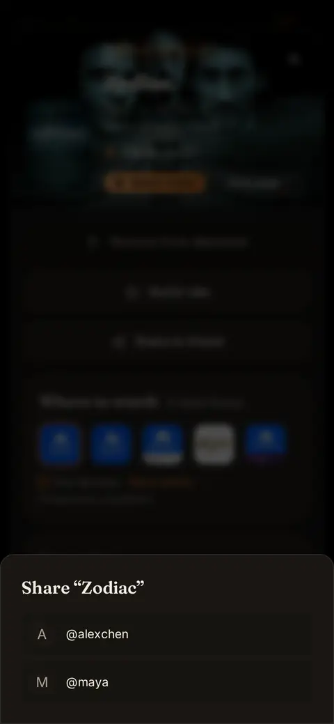 Sharing a film on a phone: the Share to friend picker open on a film