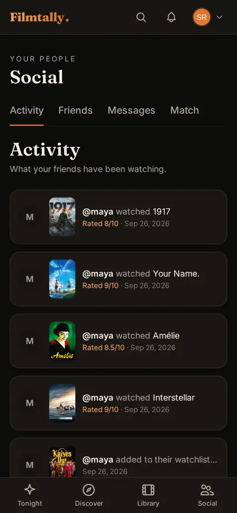 Activity feed on a phone: films your friends watched and rated