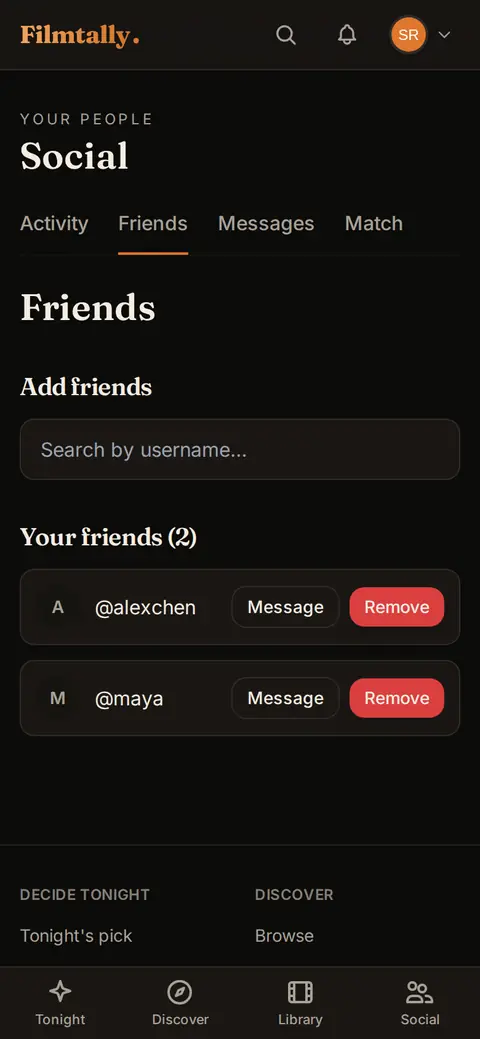 Friends on a phone: your friends list and a search by username