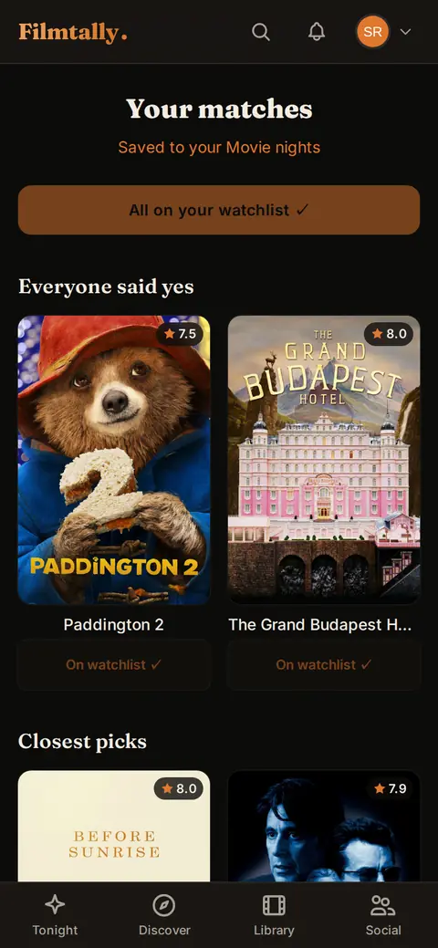 Watch together results on a phone: the films everyone said yes to