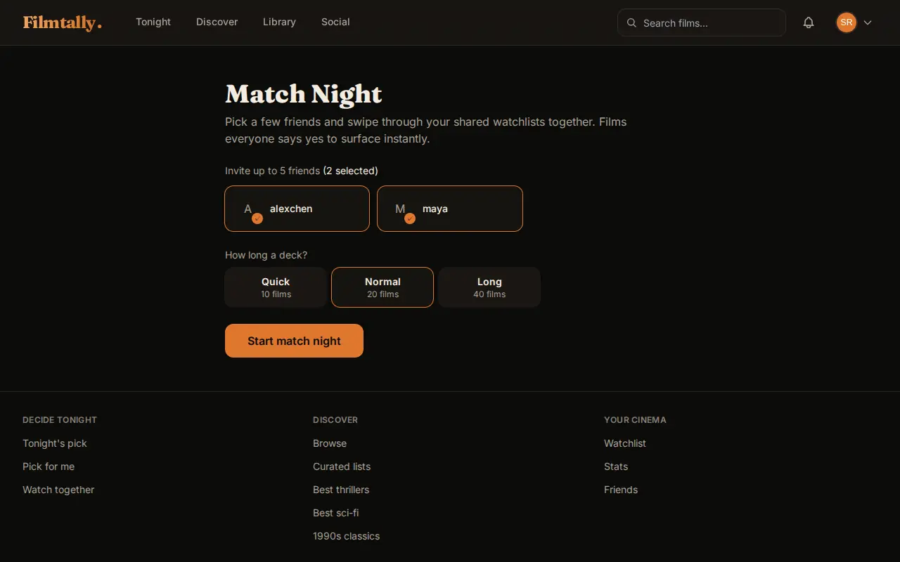 Watch together setup on a laptop: choosing friends to invite and a Quick, Normal or Long deck