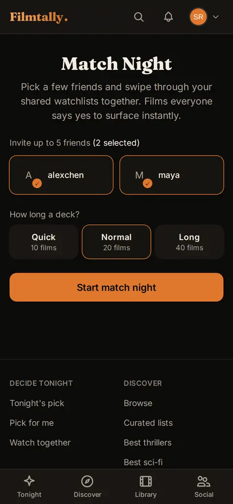 Watch together setup on a phone: two friends ticked and the Normal deck size selected