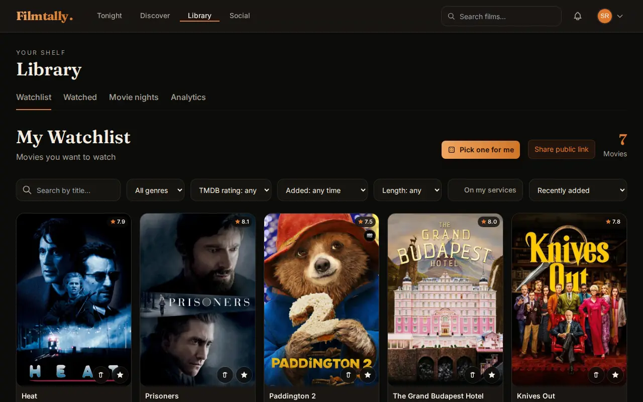Watchlist on a laptop: a grid of saved films with streaming service badges, filters and sort options