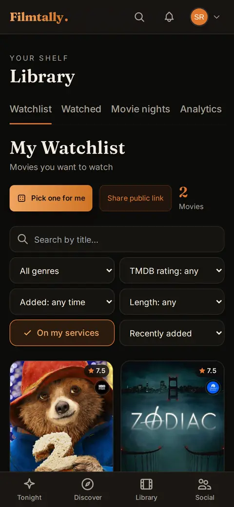 Watchlist filters on a phone: genre, length and rating filters, with On my services switched on