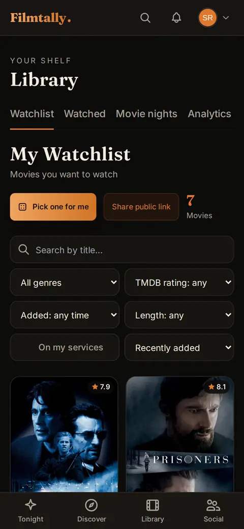 Watchlist on a phone: the Pick one for me button, filters and saved films as posters