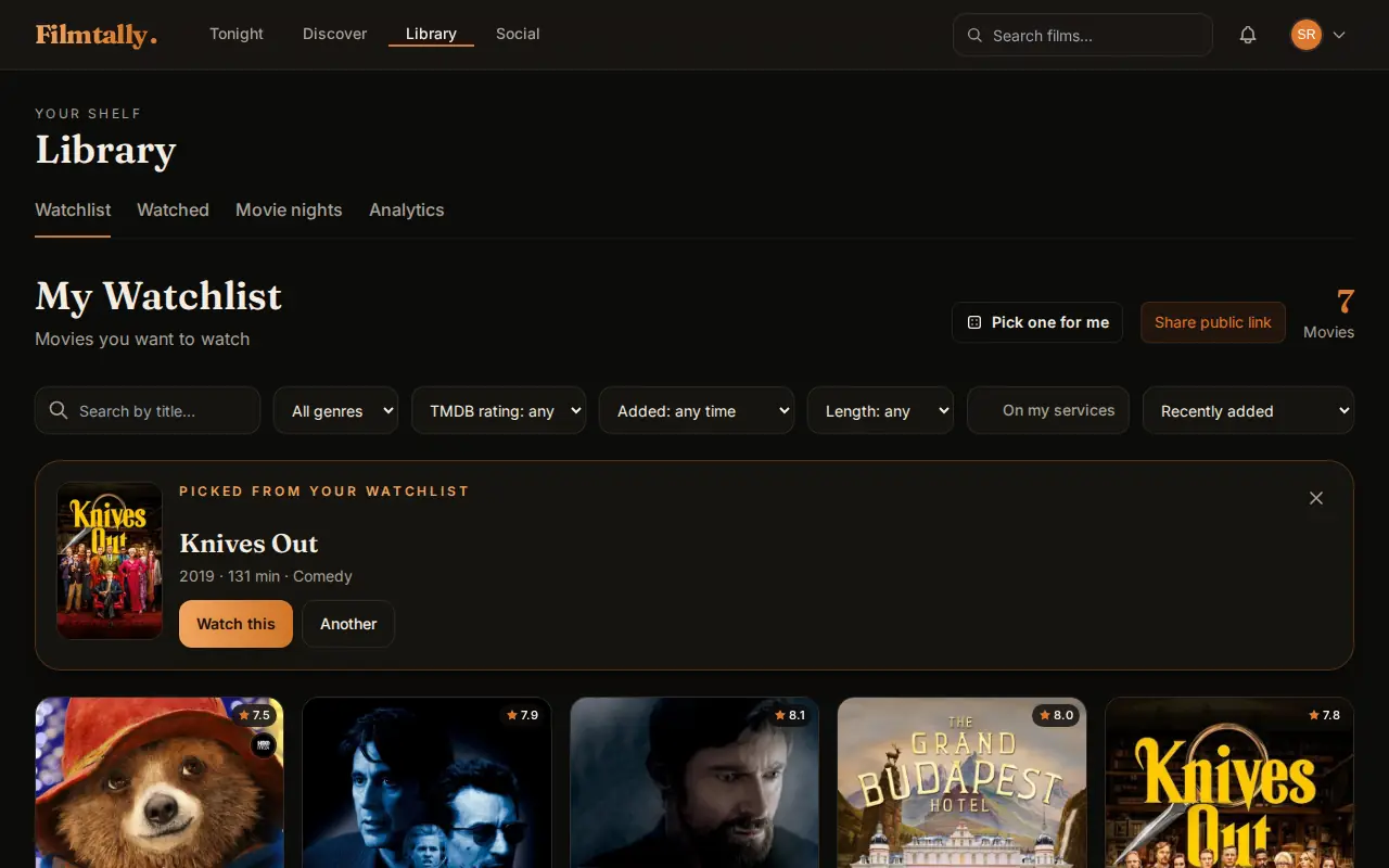 Pick one for me on a laptop: a film picked from your watchlist above the list, with an Another button