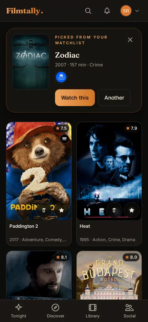 Pick one for me on a phone: one film picked from your watchlist, with an Another button