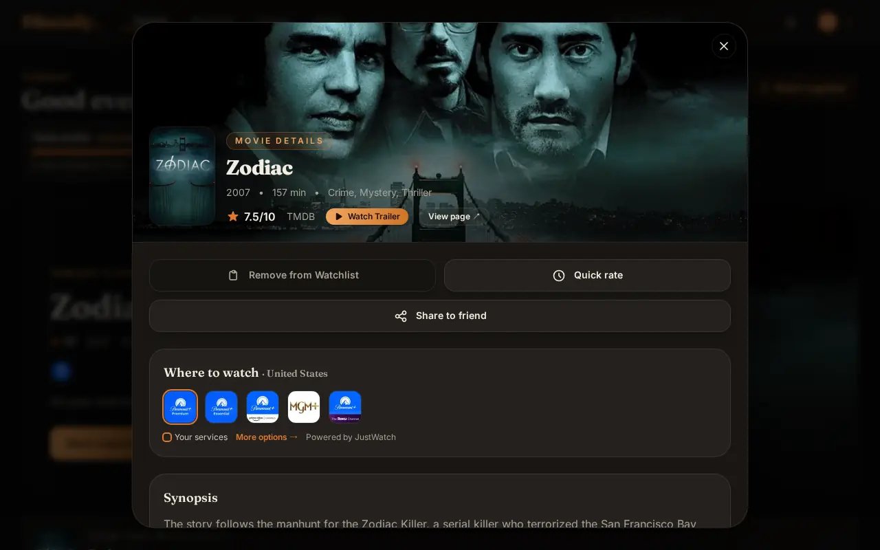 Film details on a laptop: the Where to watch section listing subscription services, with yours highlighted