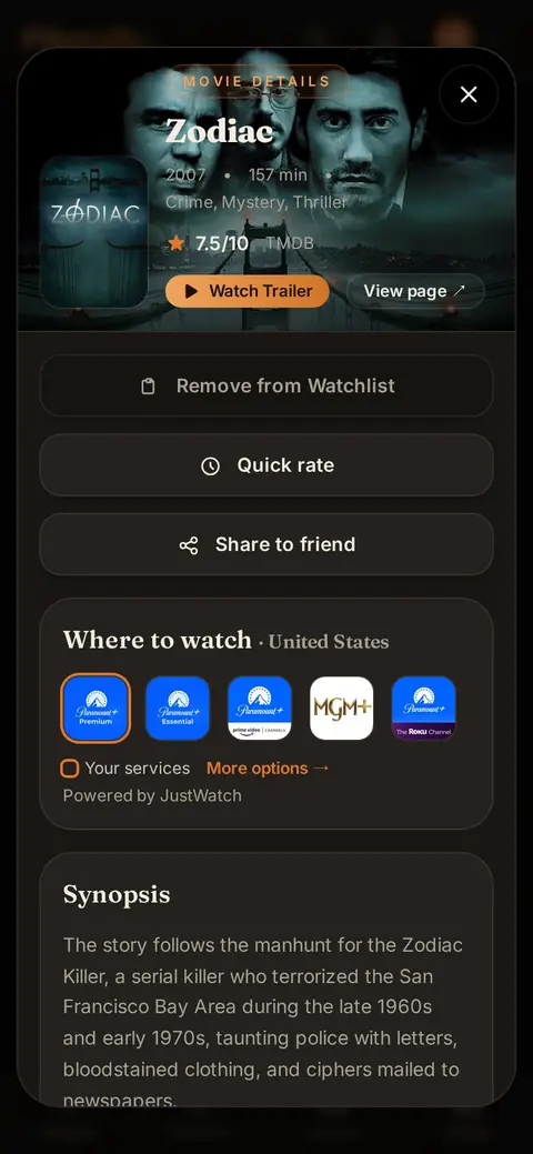Film details on a phone: the Where to watch list of streaming services, with yours highlighted